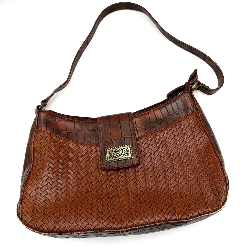 COLDWATER CREEK Brown Woven Croc Embossed Vegan Leather Shoulder Bag Filigree